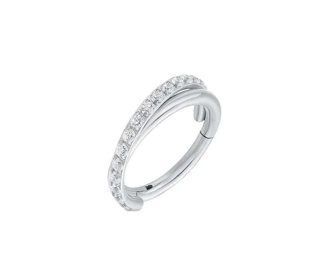 Titan  Segmentring 2 Ringe überkreuzt mit eingefasste Kristalle